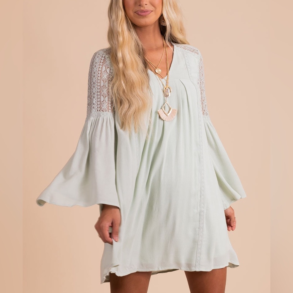 light/sage green boho dress - medium, mini, bell sleeve, boho, sundress